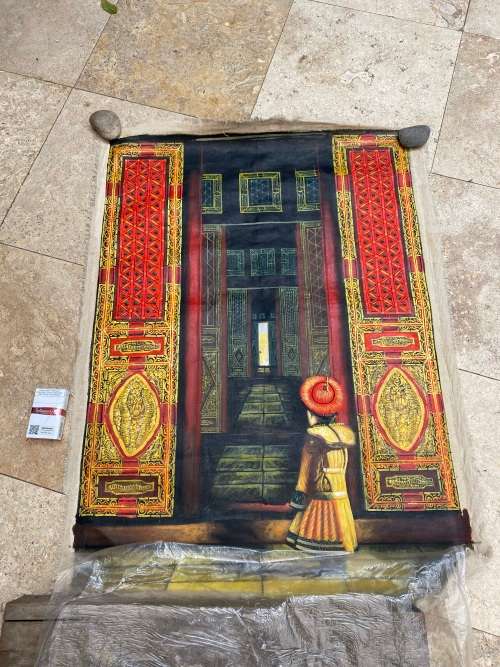 vintage sacred gates pilgrimage hand painted fabric spiritual art on cotton
