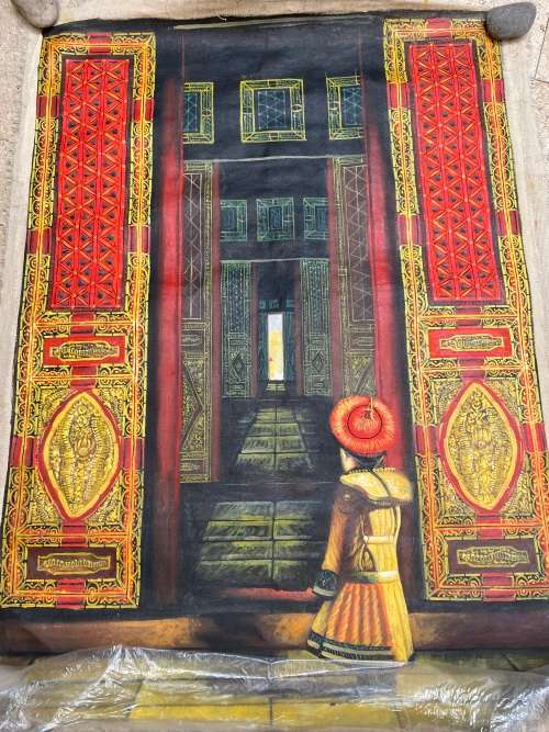 vintage sacred gates pilgrimage hand painted fabric spiritual art on cotton