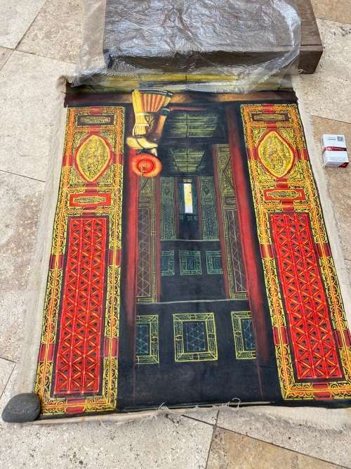 vintage sacred gates pilgrimage hand painted fabric spiritual art on cotton