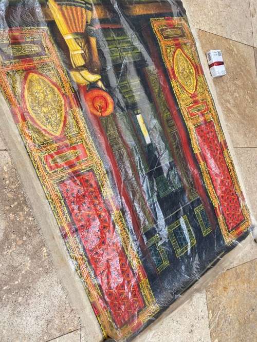 vintage sacred gates pilgrimage hand painted fabric spiritual art on cotton