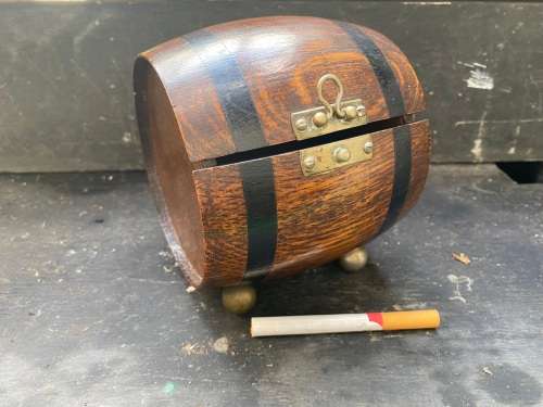 vintage brass bell gold leaf detail painting in Teofani and Co oak barrel trinket  box .