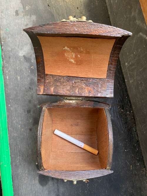 vintage brass bell gold leaf detail painting in Teofani and Co oak barrel trinket  box .