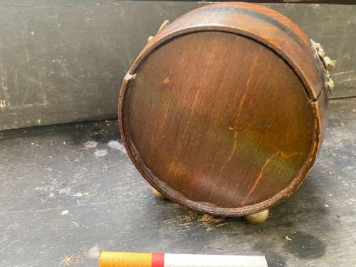 vintage brass bell gold leaf detail painting in Teofani and Co oak barrel trinket  box .