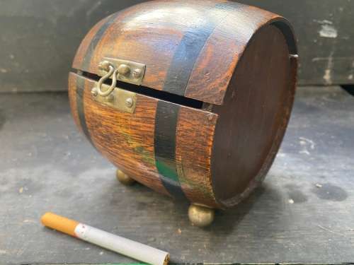 vintage brass bell gold leaf detail painting in Teofani and Co oak barrel trinket  box .