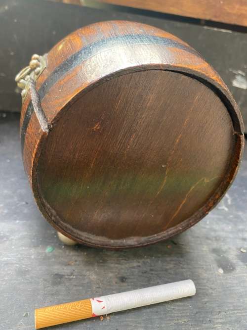 vintage brass bell gold leaf detail painting in Teofani and Co oak barrel trinket  box .