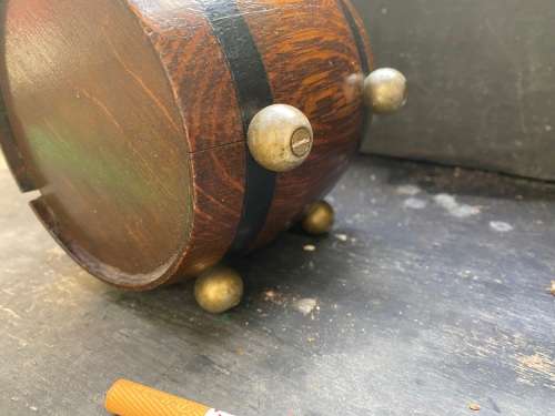 vintage brass bell gold leaf detail painting in Teofani and Co oak barrel trinket  box .