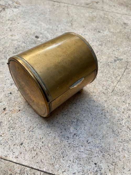 antique rare brass Ges Gesch trinket stamp box hinged  footed + stamps