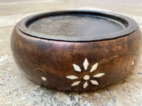 vintage candle base plate wood with inlay inlaid detail , origin India