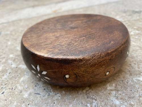 vintage candle base plate wood with inlay inlaid detail , origin India