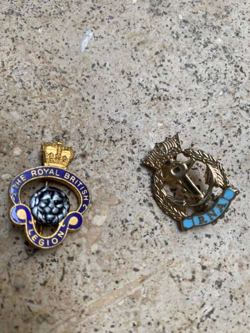 the royal british legion badge and RNA royal navy association badge pair