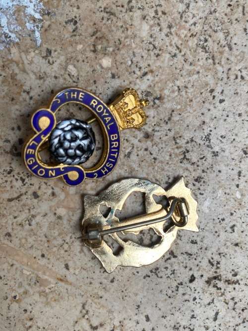 the royal british legion badge and RNA royal navy association badge pair