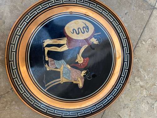 vintage copper Greek wall plate a soldier and his wife , hand painted numbered