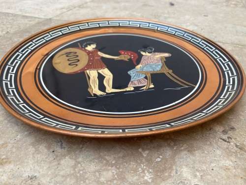 vintage copper Greek wall plate a soldier and his wife , hand painted numbered