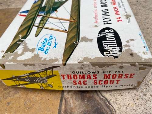 vintage GUILLOW`S THOMAS MORSE S4C SCOUT BALSA FLYING MODEL PLANE model KIT # 201 USA