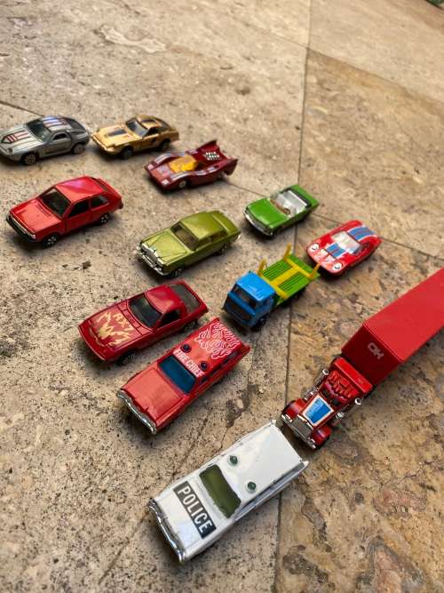 vintage lot of HONG KONG playart diecast cars of 10 and one kidco truck 1979 with car case