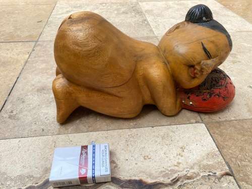 vintage asian sleeping baby buddha girl hand carved large wood sculpture figure
