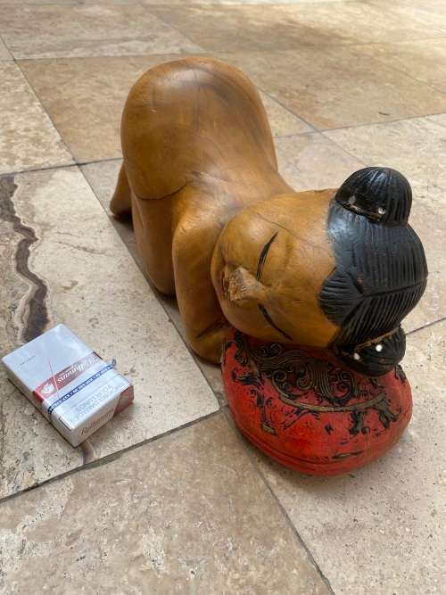vintage asian sleeping baby buddha girl hand carved large wood sculpture figure