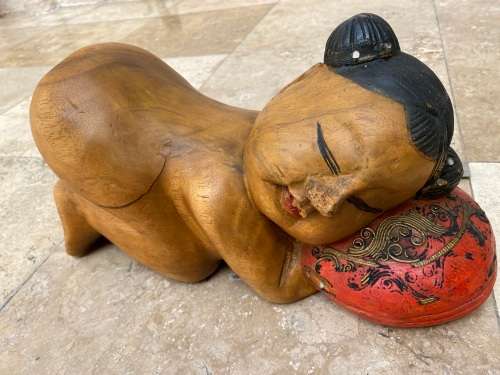vintage asian sleeping baby buddha girl hand carved large wood sculpture figure