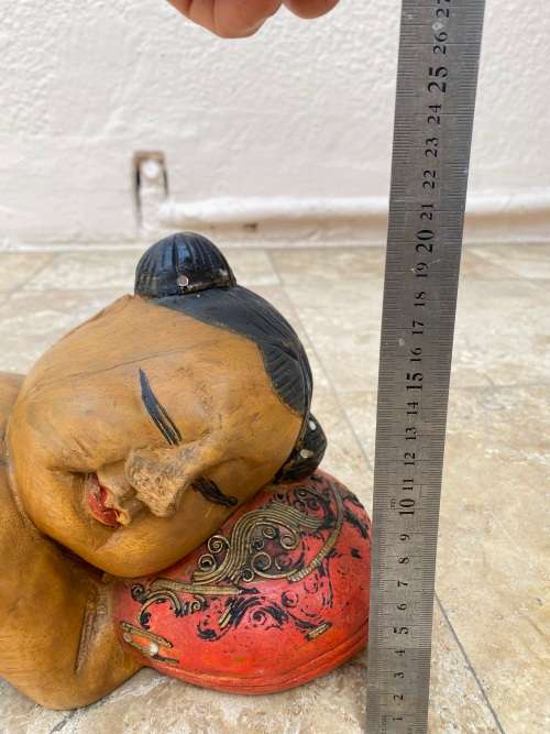 vintage asian sleeping baby buddha girl hand carved large wood sculpture figure