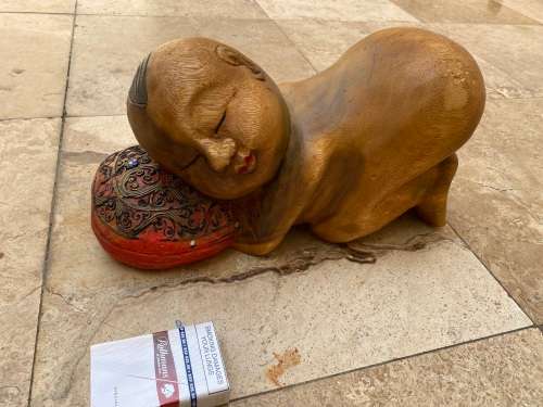 vintage asian sleeping buddha boy hand carved large wood sculpture figure