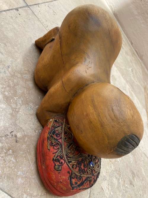 vintage asian sleeping buddha boy hand carved large wood sculpture figure