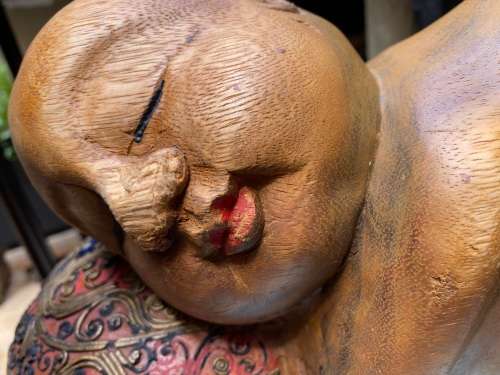 vintage asian sleeping buddha boy hand carved large wood sculpture figure