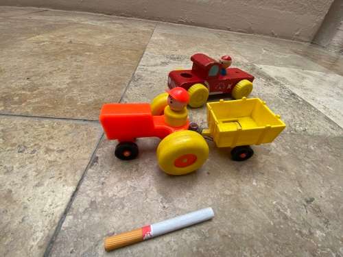 vintage fisher price tractor , cart and wood truck with 2 figures