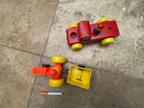 vintage fisher price tractor , cart and wood truck with 2 figures
