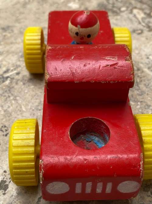 vintage fisher price tractor , cart and wood truck with 2 figures