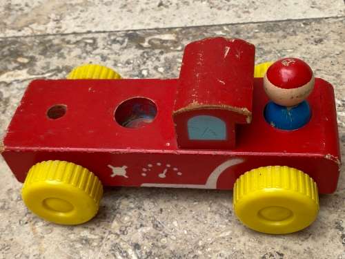 vintage fisher price tractor , cart and wood truck with 2 figures