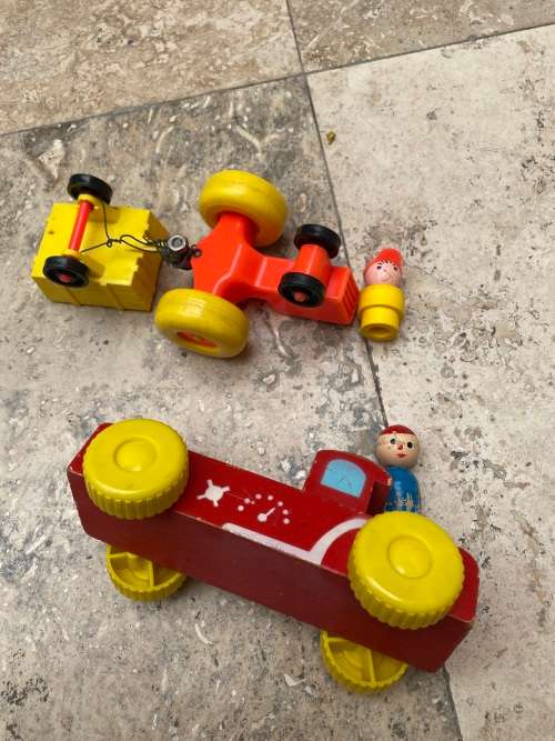 vintage fisher price tractor , cart and wood truck with 2 figures