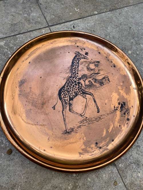 vintage royal sable copper plate pair  Giraffe and elephant scene 29cm