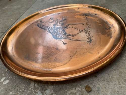 vintage royal sable copper plate pair  Giraffe and elephant scene 29cm