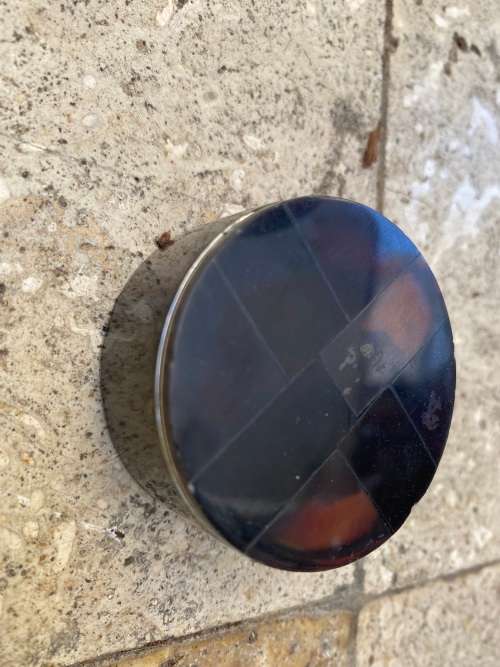 vintage round stainless steel trinket box with  inlaid detail