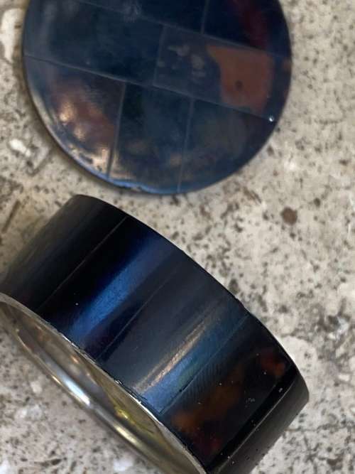 vintage round stainless steel trinket box with  inlaid detail