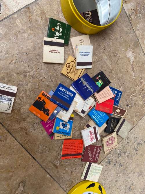 vintage lot of matches 30 old match boxes in happy tin