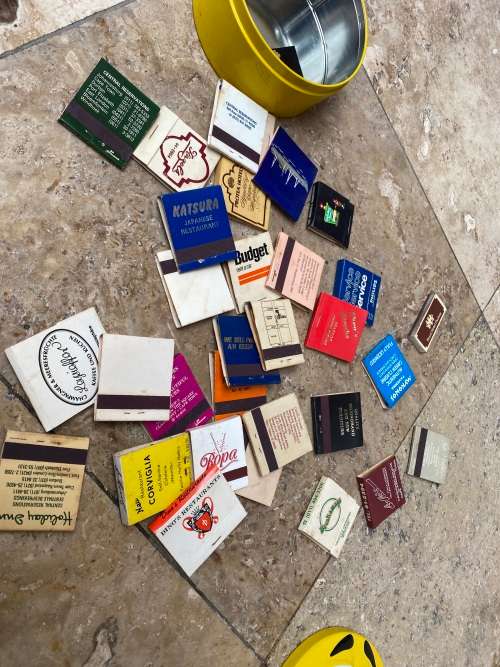 vintage lot of matches 30 old match boxes in happy tin