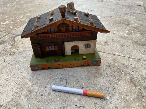 vintage swiss German wind up music house cabin trinket box