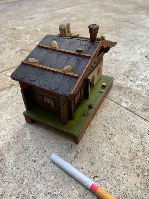 vintage swiss German wind up music house cabin trinket box