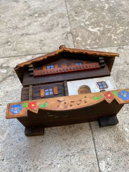 vintage swiss German wind up music house cabin trinket box