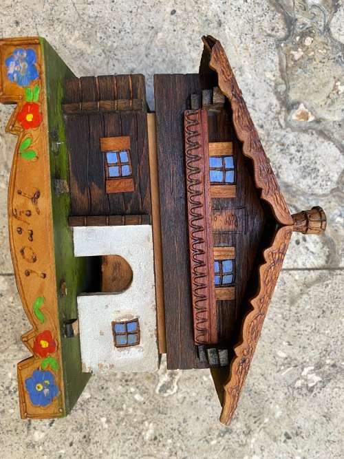 vintage swiss German wind up music house cabin trinket box