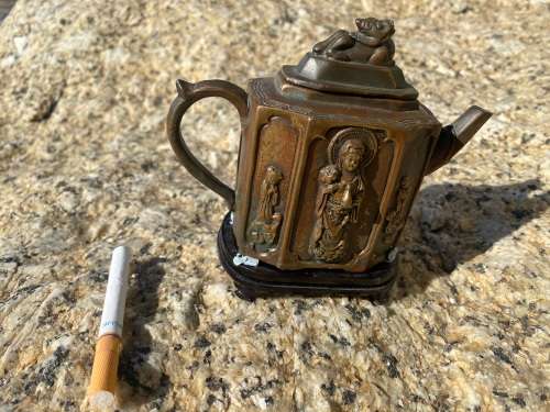 antique bronze chinese teapot tea pot Guan yin , rare signed