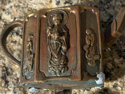 antique bronze chinese teapot tea pot Guan yin , rare signed