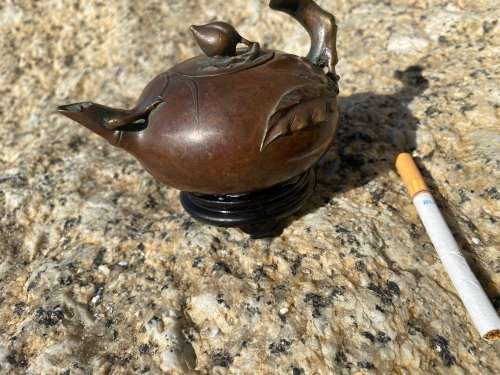 antique bronze chinese teapot tea pot on wood pedestal signed