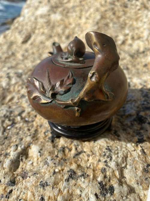 antique bronze chinese teapot tea pot on wood pedestal signed