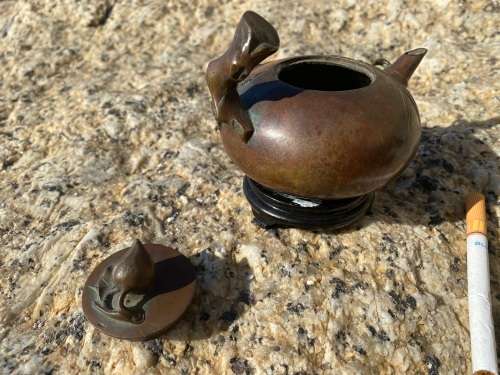 antique bronze chinese teapot tea pot on wood pedestal signed