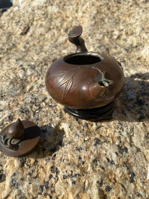 antique bronze chinese teapot tea pot on wood pedestal signed