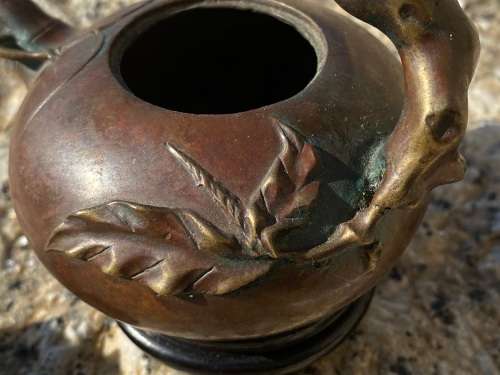 antique bronze chinese teapot tea pot on wood pedestal signed