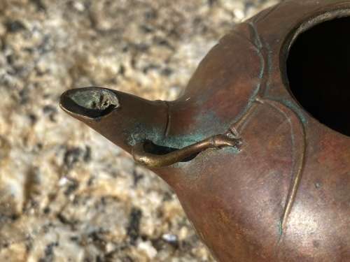 antique bronze chinese teapot tea pot on wood pedestal signed