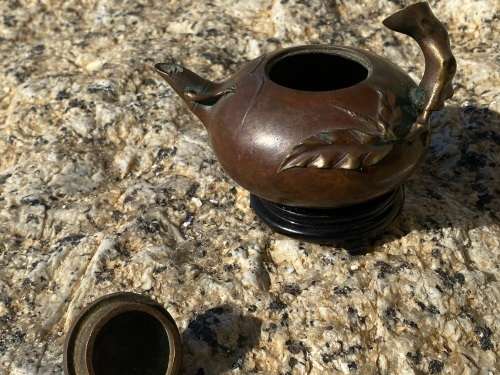 antique bronze chinese teapot tea pot on wood pedestal signed